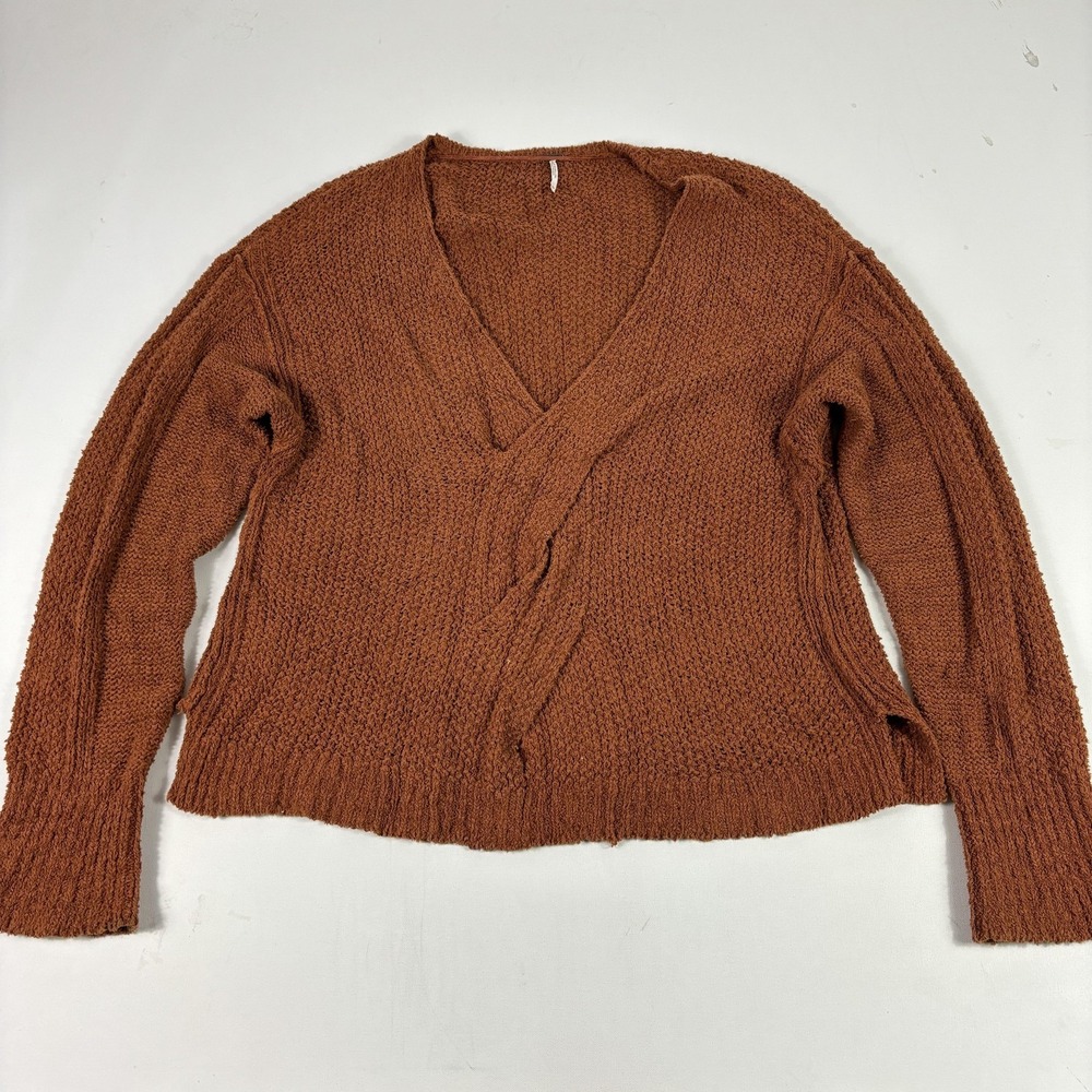 Free People Sweater Womens XL Orange Wrap Oversized Collarless Relaxed Open-Knit